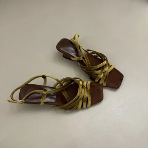 Brown velvet square toe strap sandals, elegant summer footwear, detailed product view.