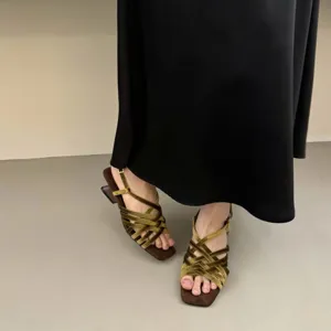 French square toe woven strappy sandals women summer chic open toe elegant mid heel shoes