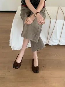 Donna tacco basso punta spaccata retro Mary Jane scarpe pelle scamosciata marrone