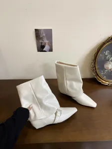 Stivali donna bianchi punta quadrata tacco basso elegante moda stile francese scarpe