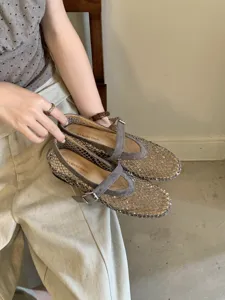 Chic rhinestone mesh ballet flats for women, comfortable flat shoes with elegant buckle strap.