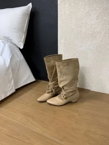 French pointed toe mid-calf slouchy boots for women, stylish western style casual footwear.