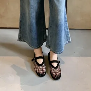 Black mesh flat shoes women casual Mary Jane footwear round toe comfortable daily wear
