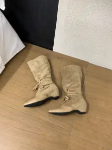 Women mid-calf slouch boots pointed toe western boots beige suede detailed view for stylish look