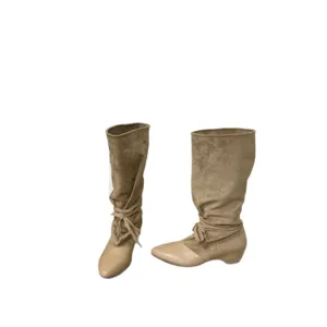 French pointed toe mid-calf slouchy boots women suede casual footwear beige flat boots