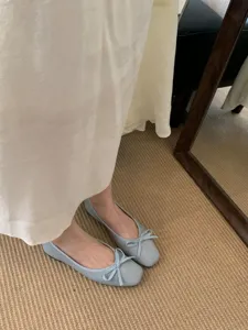 French square toe bow flat ballet shoes, comfortable soft sole everyday women shoes detail.
