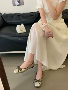 French square toe flat ballet shoes with sweet bow, soft sole casual footwear for women daily wear.