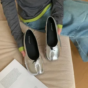 Silver metallic split-toe ballet flats, chic flat slip-on shoes with front lace detail.