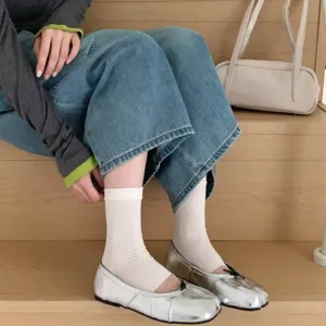 Silver split toe ballet flats footwear, comfortable low heel flat shoes for women.