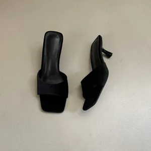 Black velvet square toe kitten heel mule detail, elegant women slip on summer sandals.