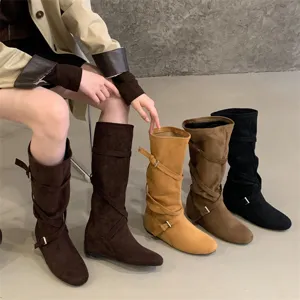 Vintage suede slouch boots with cross strap buckle, comfortable high western boots for women.