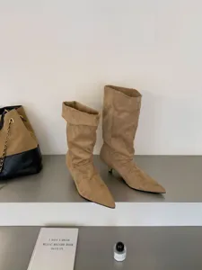 Botas slouchy de ante con tacón alto y punta fina para mujer, elegante calzado