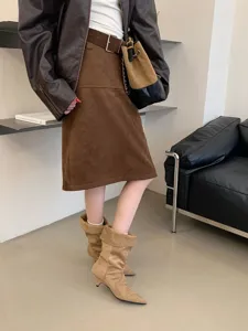 Botas slouchy de tacón kitten estilo francés, botines de ante puntiagudos para mujer otoño.