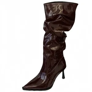 Botas de mujer charol slouchy tacón aguja punta retro botas altas estilo otoño nuevo moda