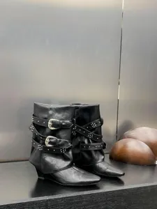 Bottines a talons composes pointus pour femmes noir brides boucles chaussures mode chic