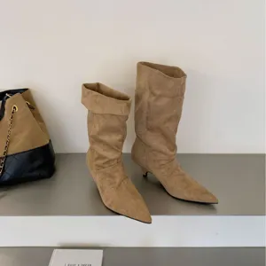 Botas slouchy mujer tacón kitten ante punta afilada elegantes moda otoño botines estilo chic
