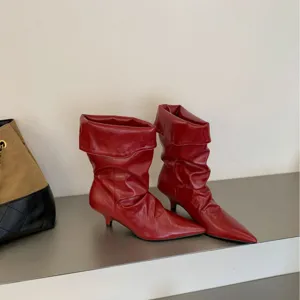 Botas slouchy de tacón de aguja puntiagudas rojas para mujer, botas elegantes, vista principal