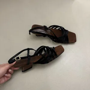 French square toe braided strap low heel sandals for women summer chic fashion style