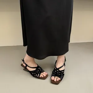 detail view of black woven strappy sandals with square toe and low heel for women summer