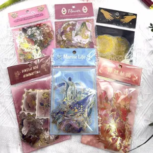 Detailed view of assorted PET transparent gold-stamping sticker packs for DIY crafts.
