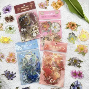 PET transparent waterproof gold-stamping sticker set, vintage floral and marine life designs.