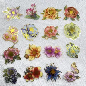 PET transparent gold foil floral stickers, waterproof DIY journal and phone decorative decals.