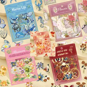 PET gold-stamping transparent waterproof decorative sticker pack, marine and floral theme.