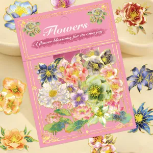 Close-up detail of gold foil floral PET transparent stickers pack, elegant botanical design.