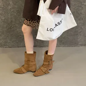 Bottes mi-mollet en daim marron pour femmes, bottines rétro occidentales à talon épais automne.