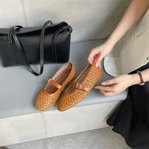 Scarpe basse Mary Jane intrecciate marroni da donna, calzature traspiranti con fibbia.