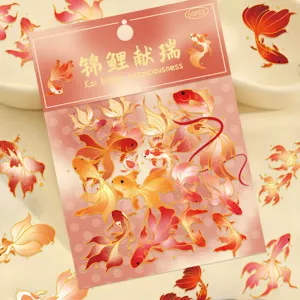 Detailed view of 50pcs gold-stamping PET waterproof koi fish decorative stickers pack.