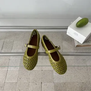 Scarpe basse Mary Jane intrecciate verdi da donna, calzature autunnali traspiranti.