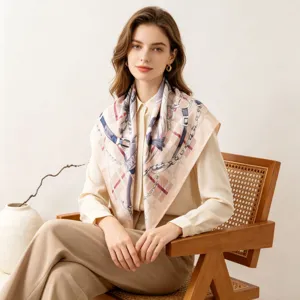 Maulbeerseide Quadratischer Schal Damen Vintage Twill Halstuch Elegantes Blumen Reiter Muster Kopfschal Tuch