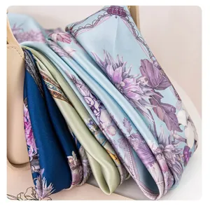 Elegant silk square scarf with vintage floral print and luxury satin fabric detail view