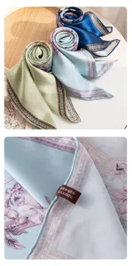 Close-up detail of luxury 100% pure silk printed square scarf showing delicate fabric texture.