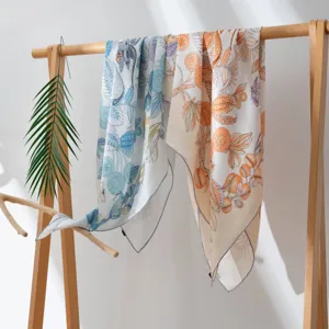 Luxury silk scarf for women, elegant botanical print twill scarf, chic neckerchief shawl wrap.