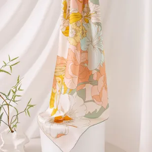 Elegant pure silk square scarf with vintage floral print for women accessory fashion gift.