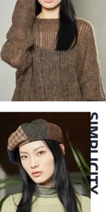 Detailed view of autumn winter wool tweed beret and brown knitted fuzzy sweater fashion.