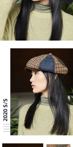 Women's autumn winter wool tweed newsboy cap british style patchwork beret hat stylish