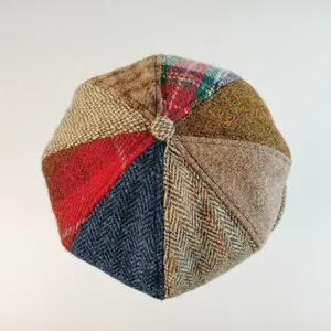Autumn winter wool blend patchwork beret hat vintage style multi color newsboy cap