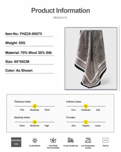 Luxury paisley wool silk square scarf 65x65cm lightweight stylish neckerchief for women.