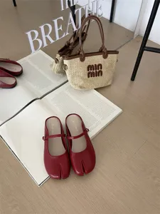 Women red split toe mary jane flat mules casual slip on comfortable outdoor shoes