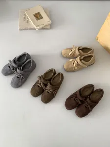 French style lace-up mary jane flat shoes, breathable suede casual footwear for women.