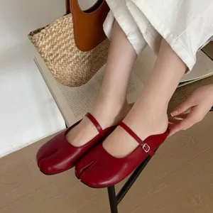Red split-toe Mary Jane slip-on mule shoes for women, comfortable soft flat casual footwear.