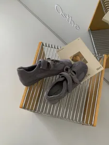 Grey French lace-up Mary Jane flat shoes for women, mesh spliced casual footwear autumn new.