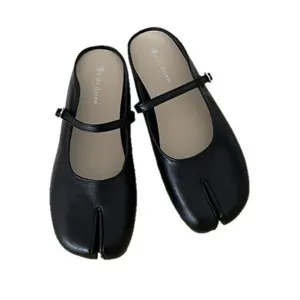 Black split toe mary jane mules for women, comfortable slip on flat shoes with ankle strap.