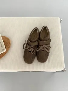 Detailed view of brown suede mesh lace-up mary jane shoes showing texture and strap design.