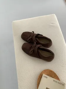 Women's vintage brown suede lace-up Mary Jane casual shoes, stylish autumn footwear.