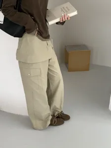 Stylish khaki cargo pants and brown long sleeve top set for women, perfect for daily casual wear.