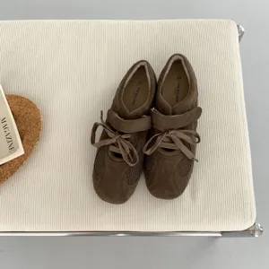 Brown suede mesh lace-up Mary Jane flat casual shoes for women, stylish autumn footwear main view.